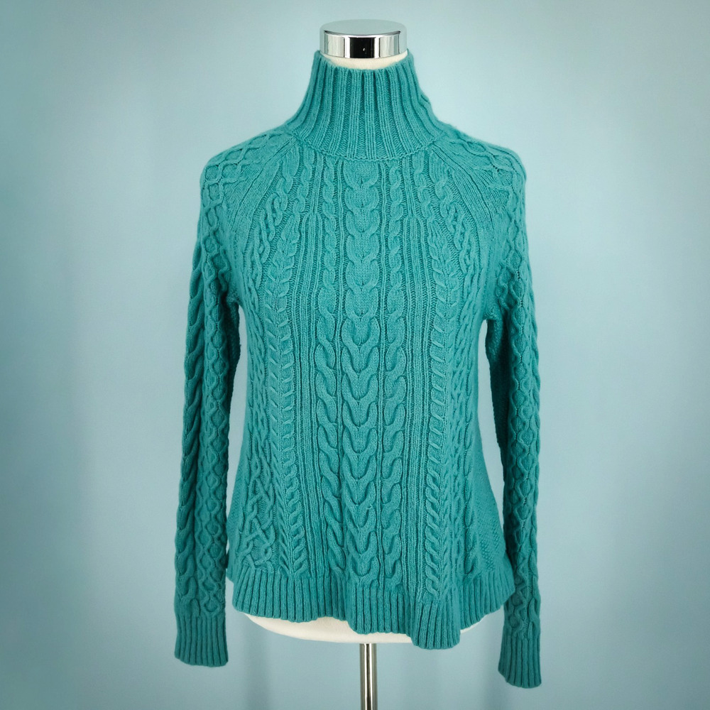 Ann Taylor Size XS Teal Blue Cable Knit Mock Neck Wool Alpaca Blend Sweater